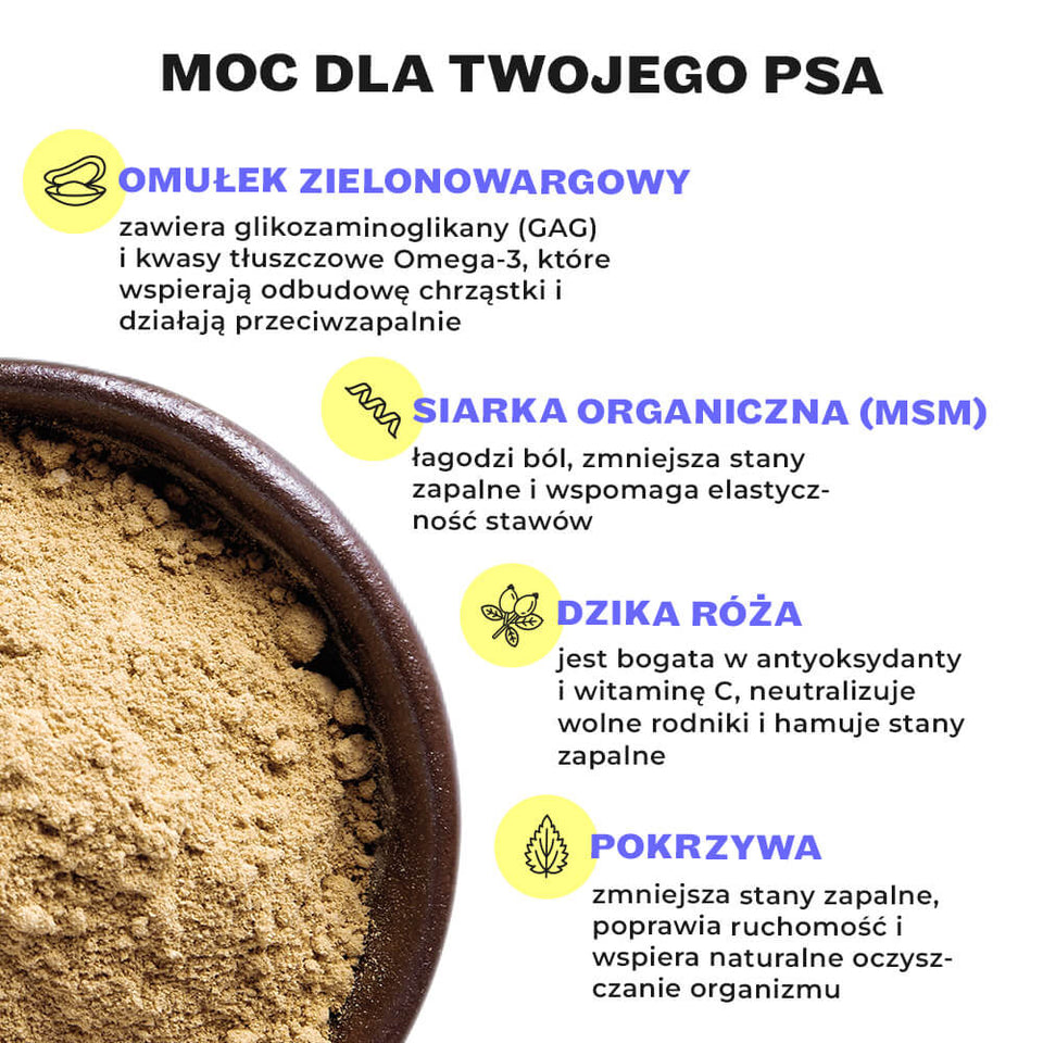 Dodatkowe składniki: skrzyp polny, MSM, dzika róża i pokrzywa dla zdrowia stawów