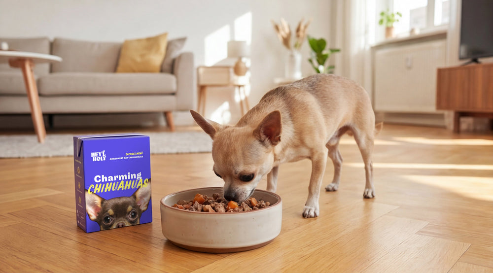 Chihuahua neben einem gefüllten Futternapf