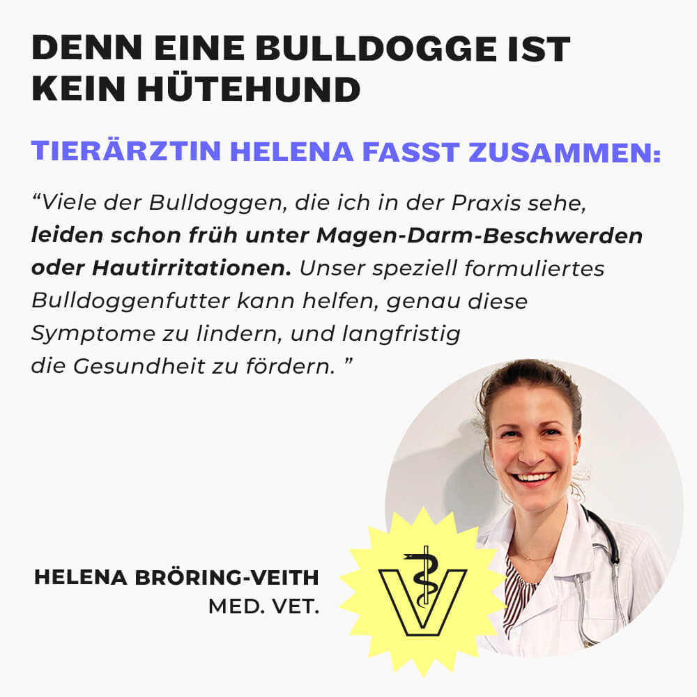 Tierärztin Helena Bröring-Veith im weißen Kittel, Veterinär-Logo und Zitat über  Bulldoggen-Ernährung