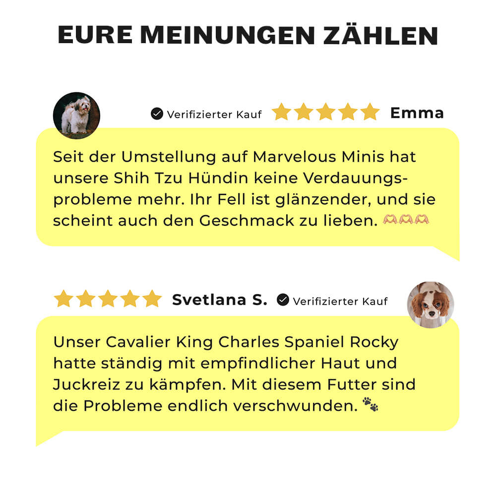 5-Sterne Kundenbewertungen für Marvelous Minis Forelle Trockenfutter für kleine Hunde