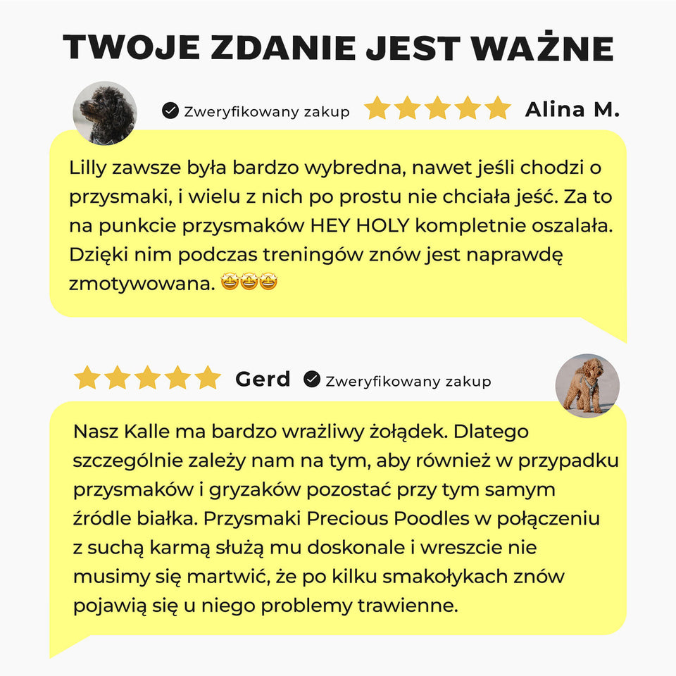 Zalety przysmaków HEY HOLY Precious Poodles z pudlem toy: naturalne składniki, hipoalergiczne, opracowane przez weterynarzy, bez zbóż i cukru