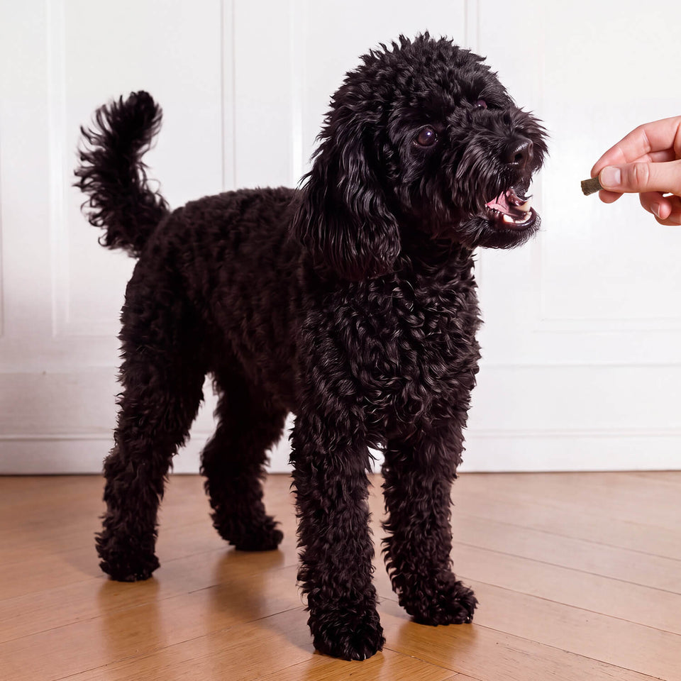 Opakowanie przysmaków HEY HOLY Precious Poodles z zaletami: bez zbóż, 69% wysokiej jakości mięsa, tylko jedno źródło białka zwierzęcego i wysoka tolerancja