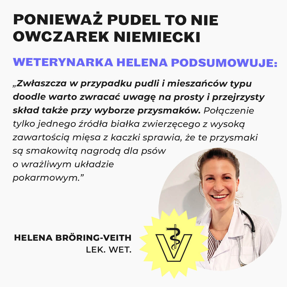Składniki przysmaków HEY HOLY Precious Poodles: 69% suszonej powietrzem kaczki oraz ziemniaki i jabłka