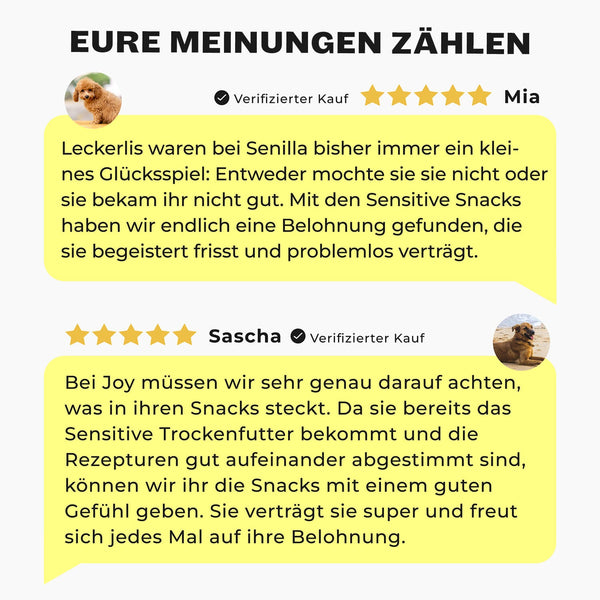 Vorteile der HEY HOLY Sensitive Snacks: natürliche Inhaltsstoffe, hypoallergen, von Tierärzten entwickelt, getreide- und zuckerfrei