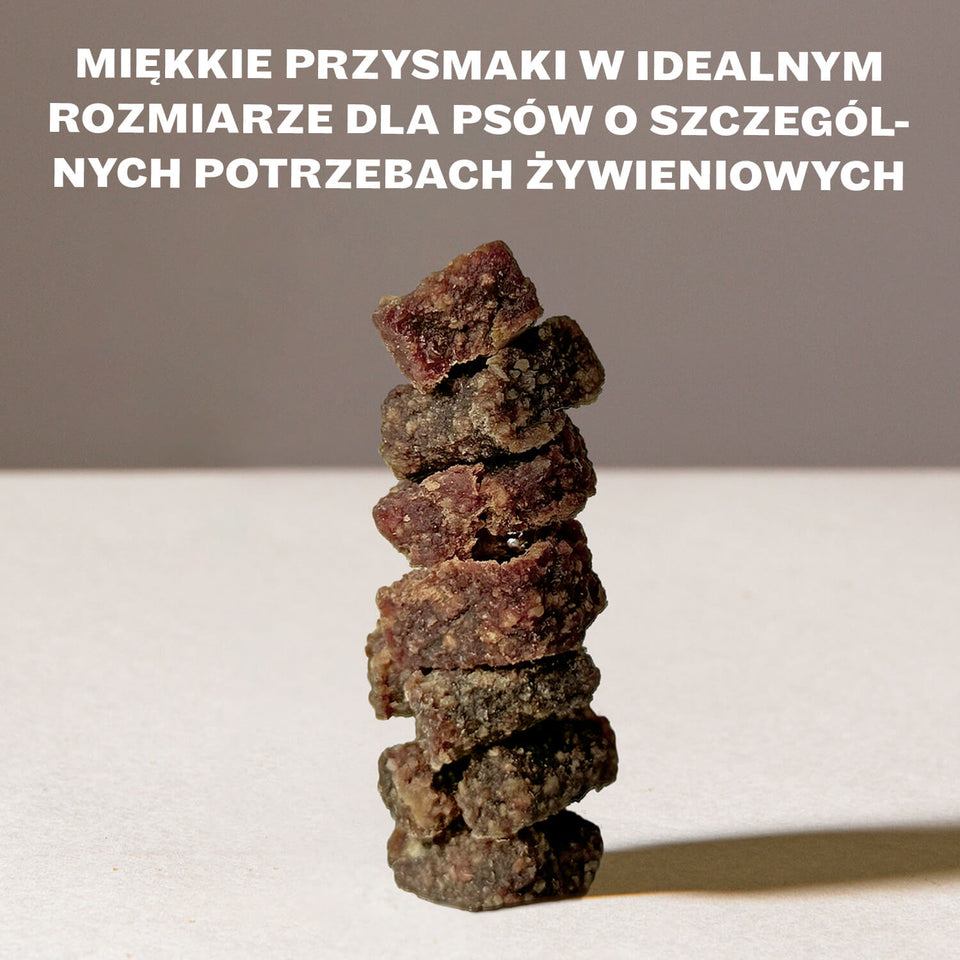 Opakowanie przysmaków HEY HOLY Sensitive z jednym źródłem białka z koniny, wyprodukowane w Niemczech, opracowane przez weterynarzy